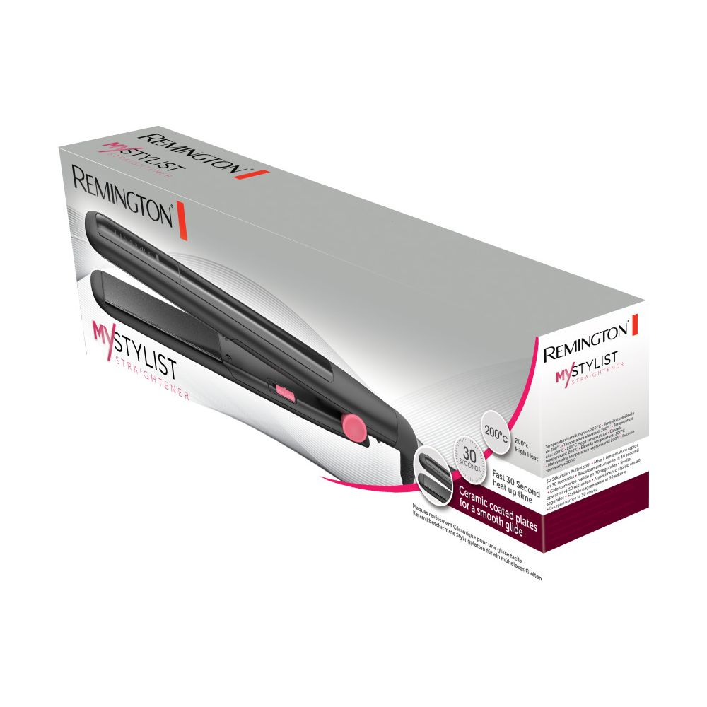 Pudełko prostownicy Remington My Stylist z prostownicą i informacjami o produkcie.