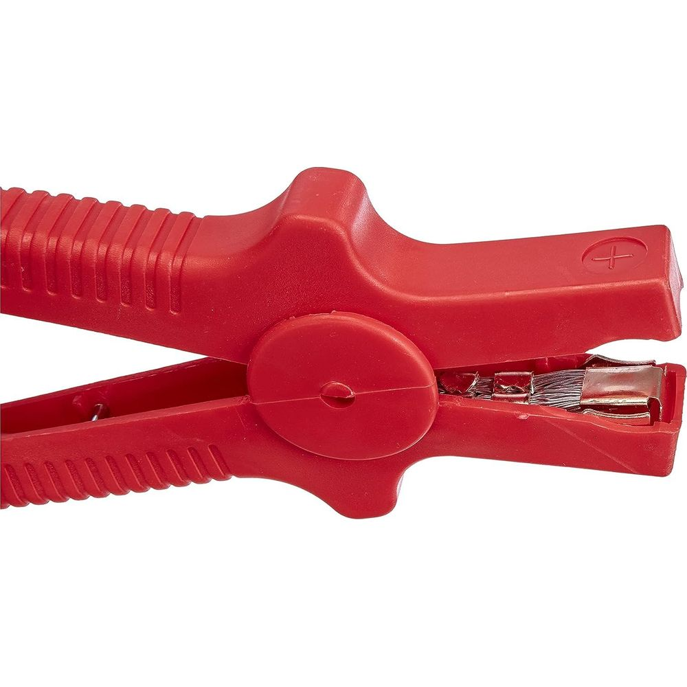 Rote Klemme mit einem Pluszeichen, die für Batteriekabel gedacht ist.