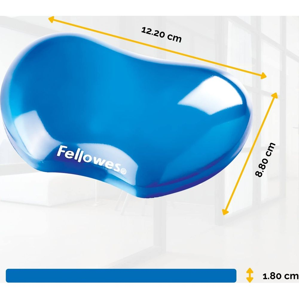 Descanso de muñeca Fellowes azul con dimensiones.