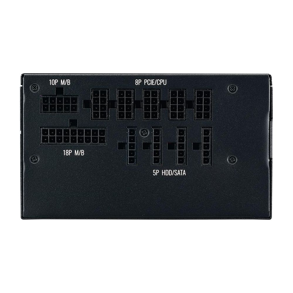 Czarny zasilacz z oznaczonymi portami: 10P M/B, 8P PCIE/CPU, 18P M/B, 5P HDD/SATA.