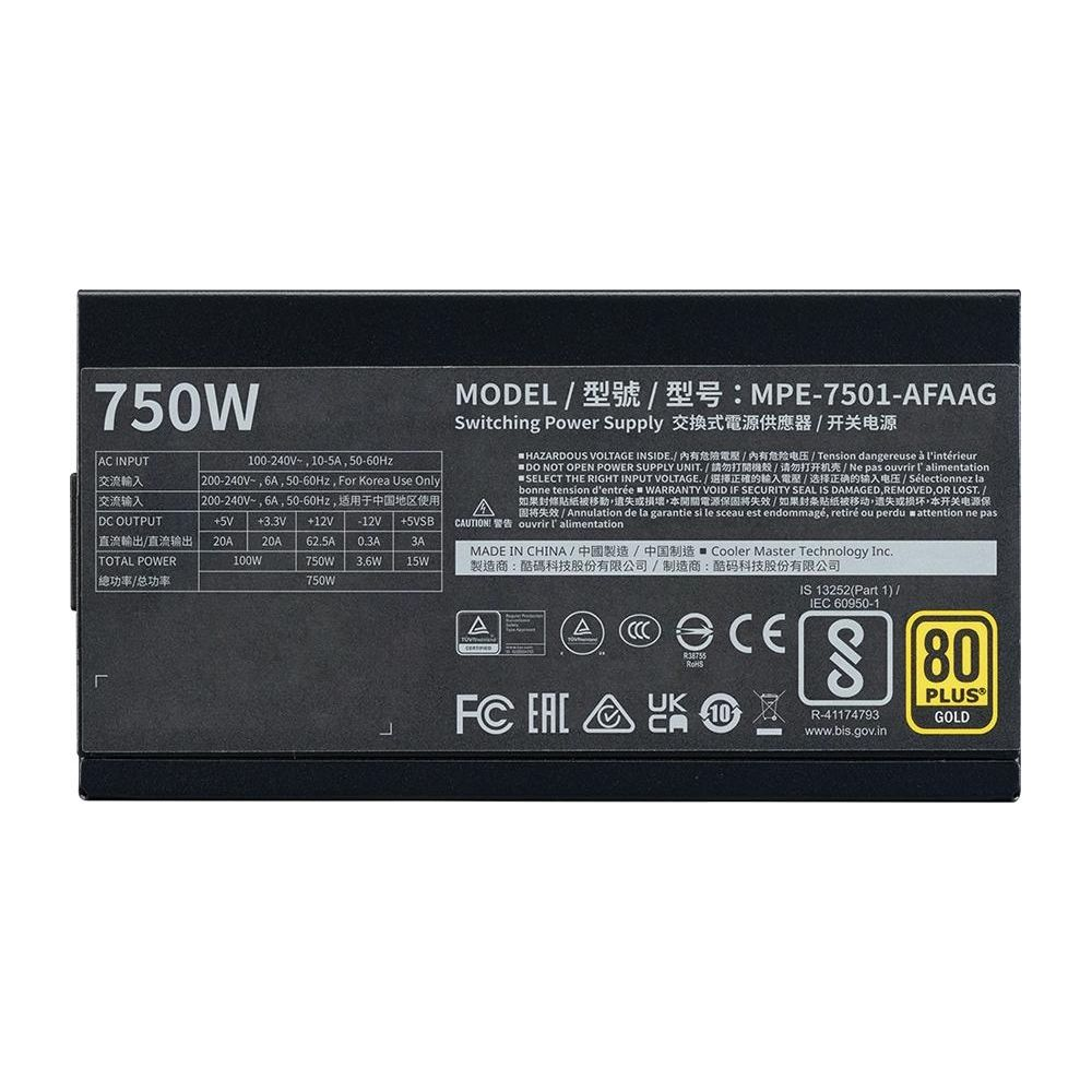Zasilacz 750W, model MPE-7501-AFAAG, ze specyfikacjami AC/DC i certyfikatami.