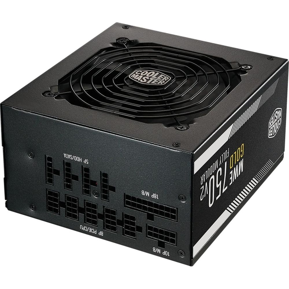 Czarny zasilacz z wentylatorem, oznaczony Cooler Master MWE 750 Gold.