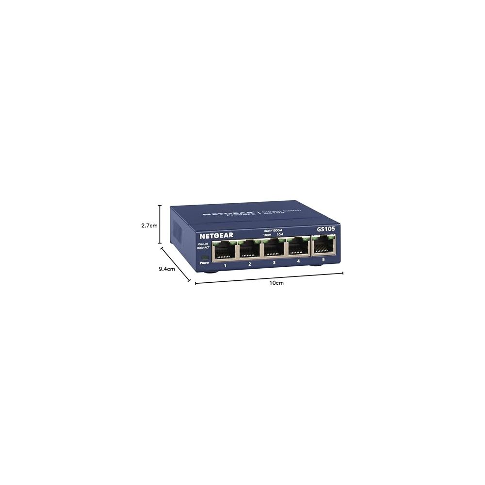 Przełącznik Netgear GS105 z 5 portami. Wymiary: 10cm x 9.4cm x 2.7cm.