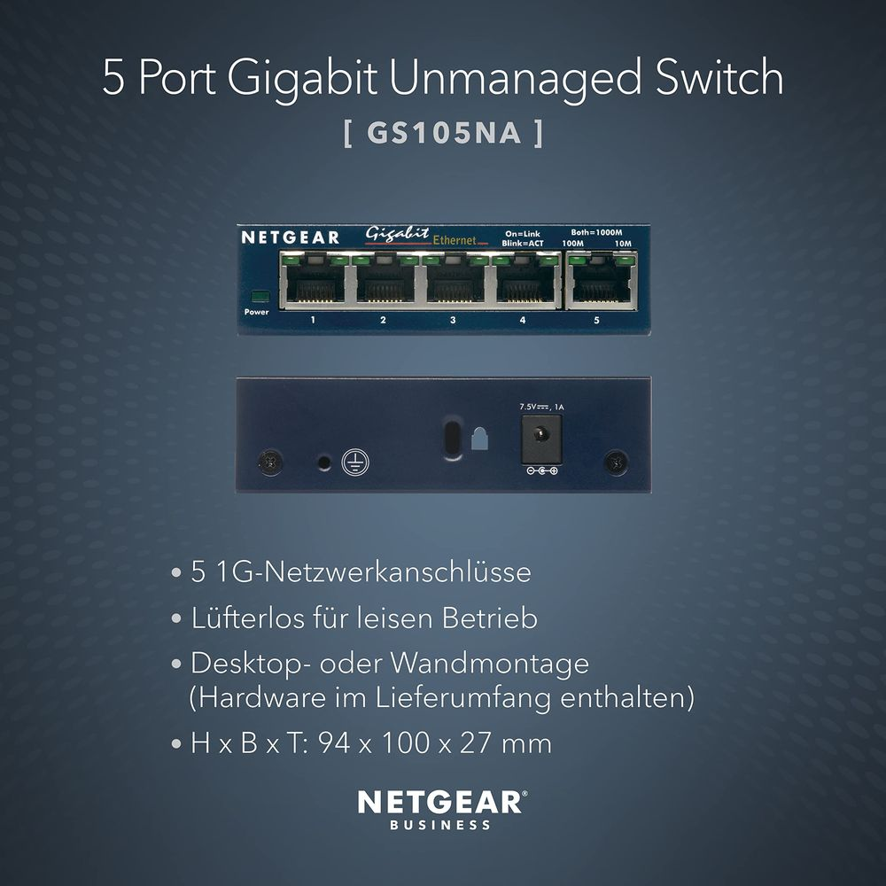 Przełącznik Netgear Gigabit 5-portowy z portami i zasilaczem.