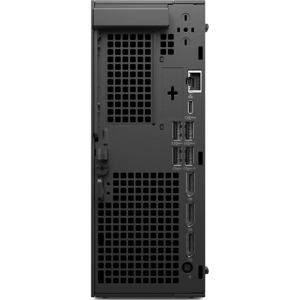 Achterkant van een zwarte computer met poorten: USB, Ethernet, DisplayPort en stroom.