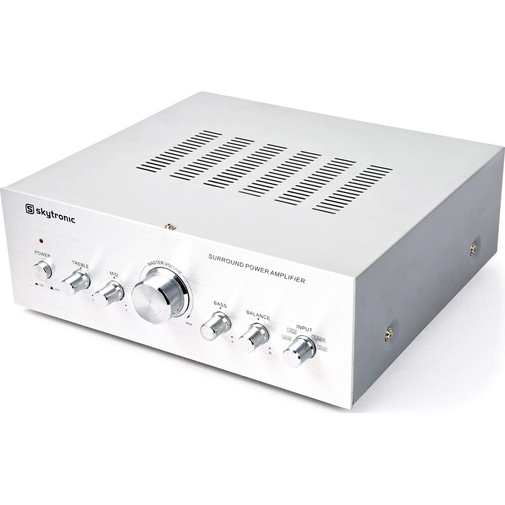 Amplificador de potencia envolvente plateado con perillas de volumen, graves, balance y entradas.