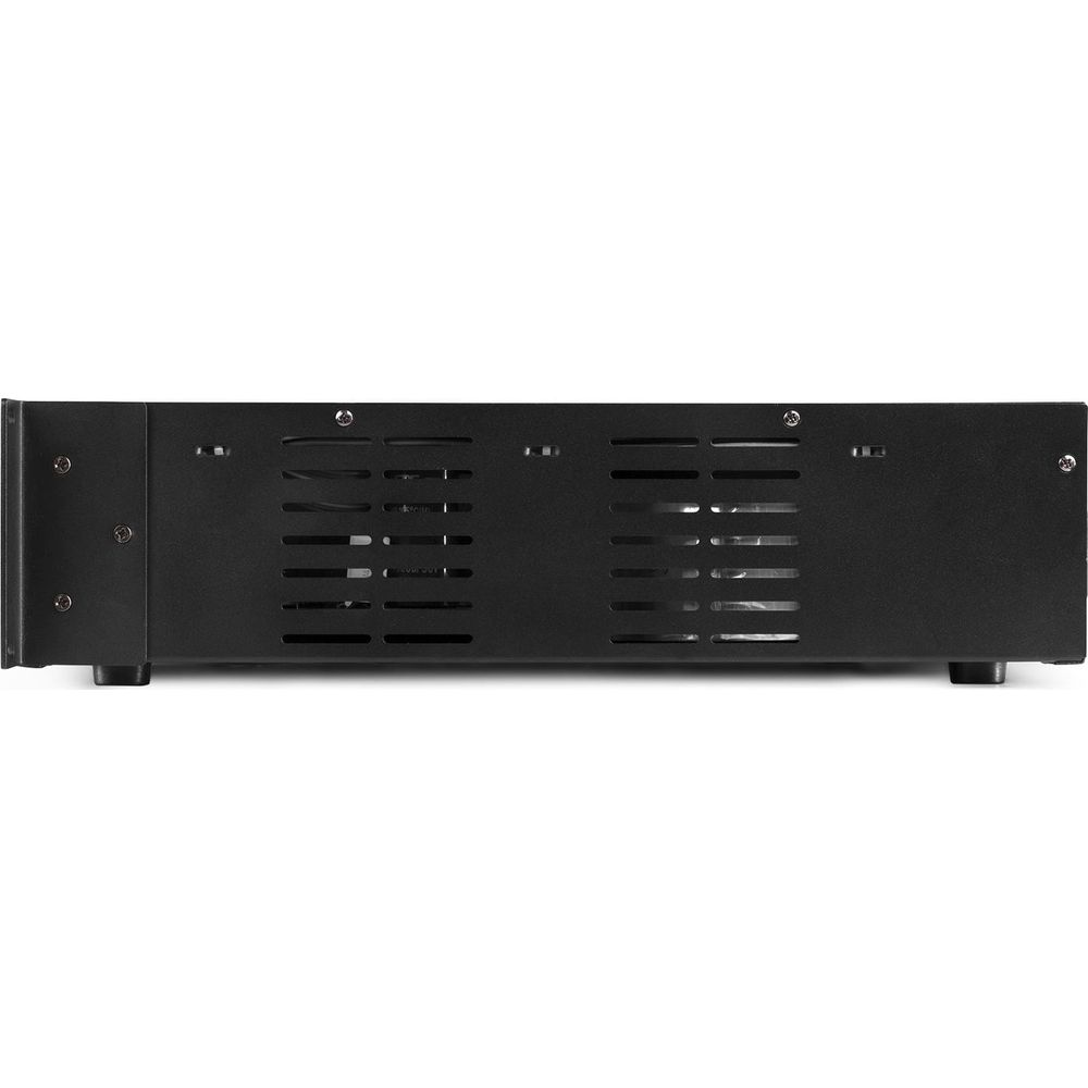 Schwarzes elektronisches Gehäuse mit Lüftungsschlitzen und Schrauben an der Seite.