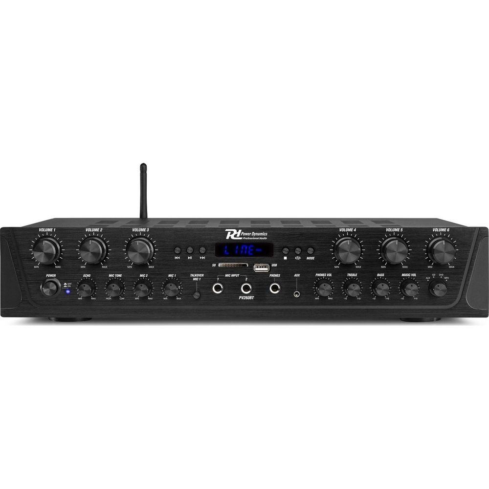 Amplificatore nero con manopole per volume, microfoni, bassi, alti, eco e accensione.