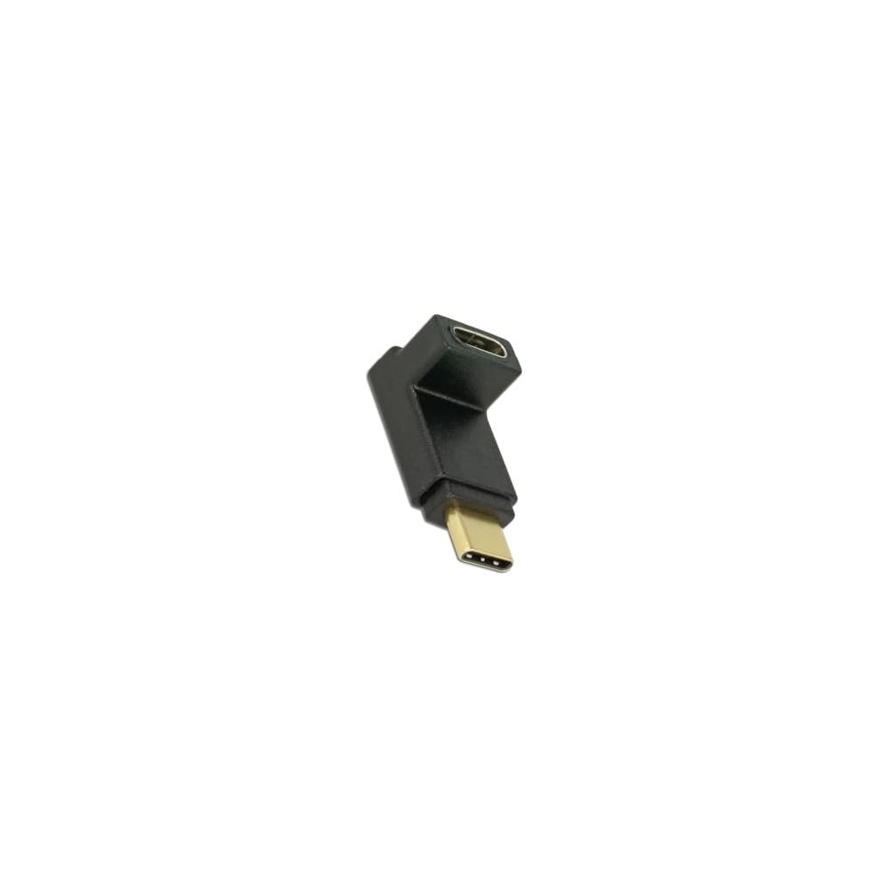 Czarny adapter USB-C pod kątem 90 stopni z złączami męskimi i żeńskimi.