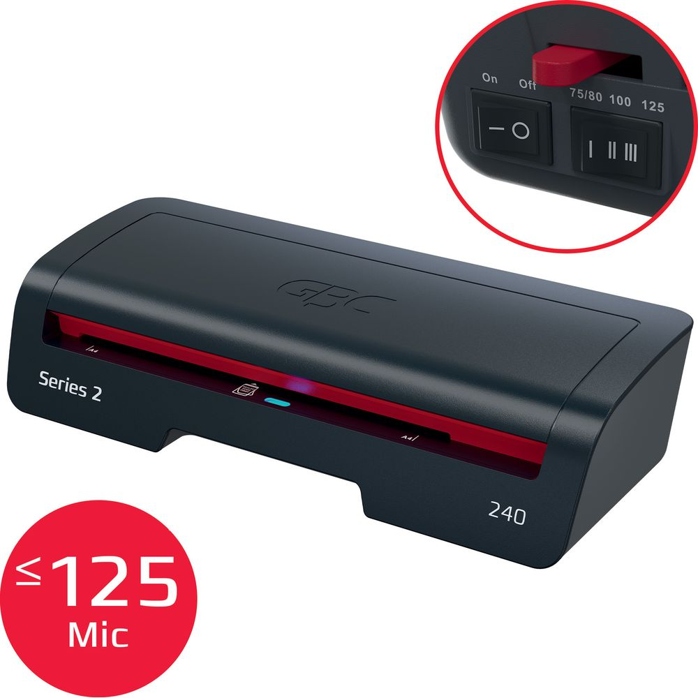 Dunkelgrauer Akten-Laminator der Serie 2 mit roten Details und Bedienelementen.