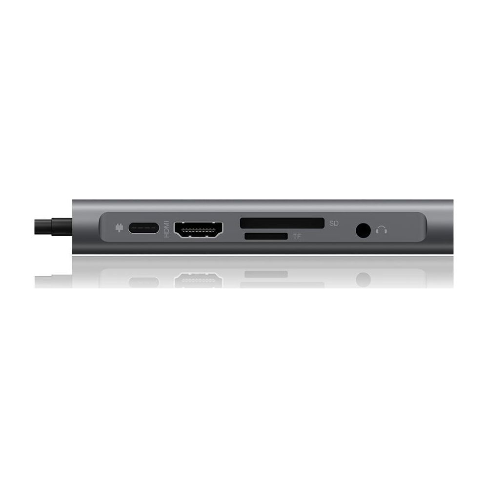 Hub USB-C grigio con porte HDMI, SD, TF e jack per cuffie.