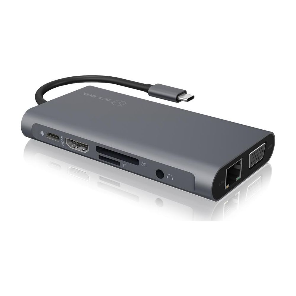 Hub USB-C grigio con porte HDMI, TF, SD, cuffie, LAN e VGA.