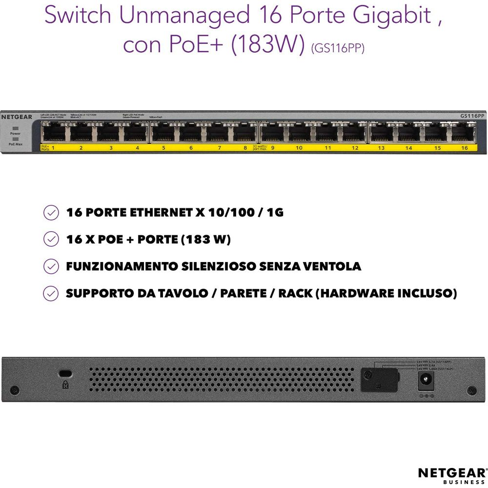 Switch Gigabit Netgear GS116PP z 16 portami PoE+, bez wentylatora. Widok z tyłu.