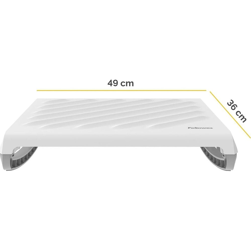 A white monitor stand measuring 49x36 cm with ventilation slots.