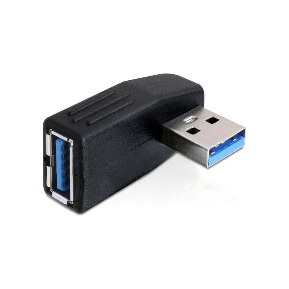 Czarny adapter kątowy USB 3.0 z jednym złączem męskim i jednym żeńskim.
