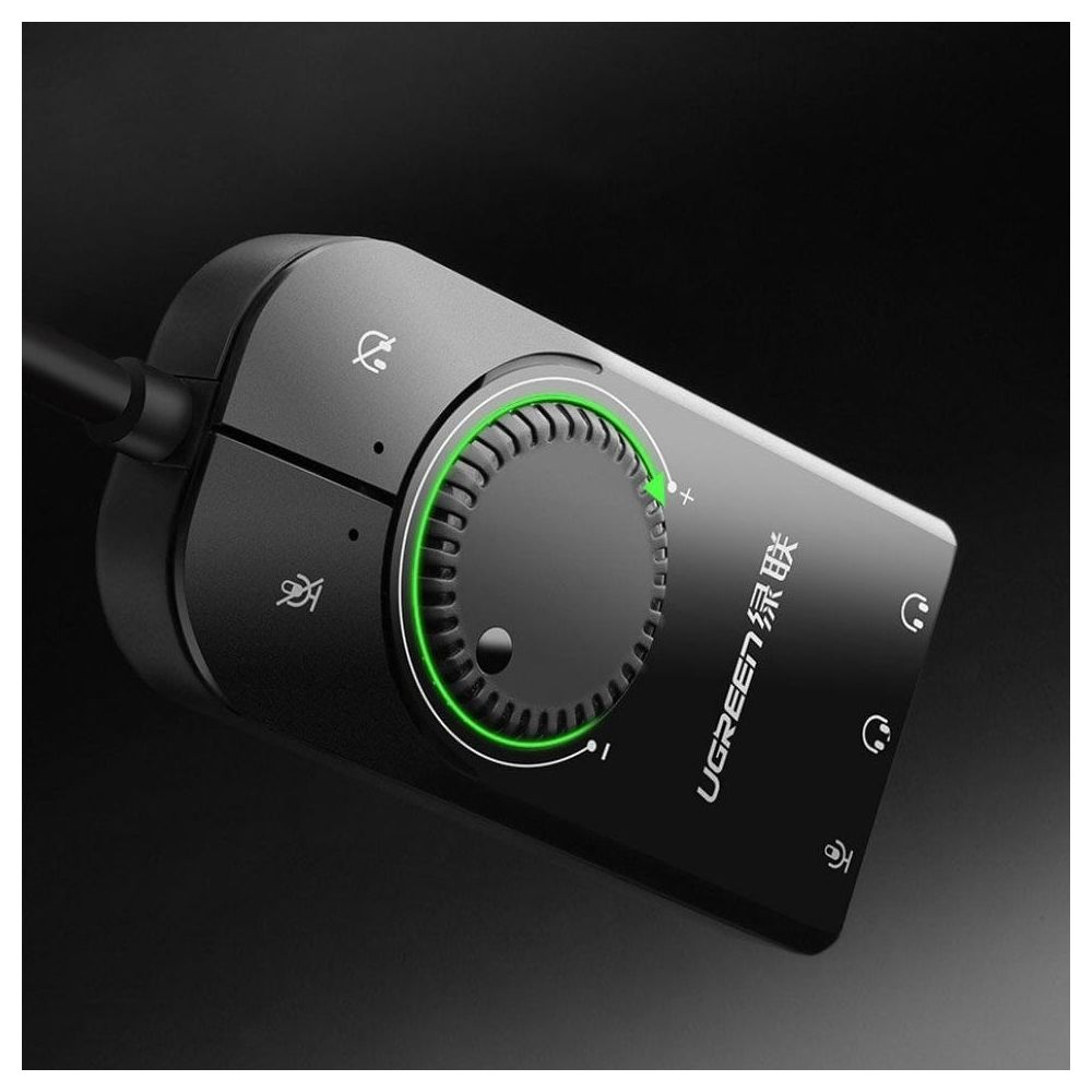 Schwarzer UGREEN Audiocontroller mit Drehregler und Tasten für Mikrofon und Kopfhörer.