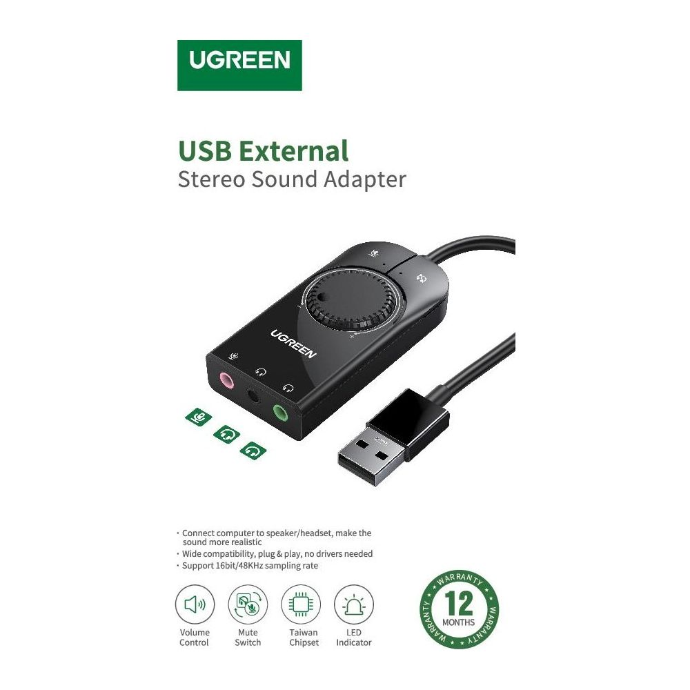 UGREEN USB externer Stereo-Soundadapter mit Lautstärke-, Stummschaltungs-, Chipset- und LED-Anzeige.