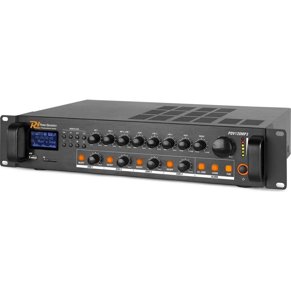 Ein schwarzer Rack-Audioverstärker mit Bedienelementen und einem Display.