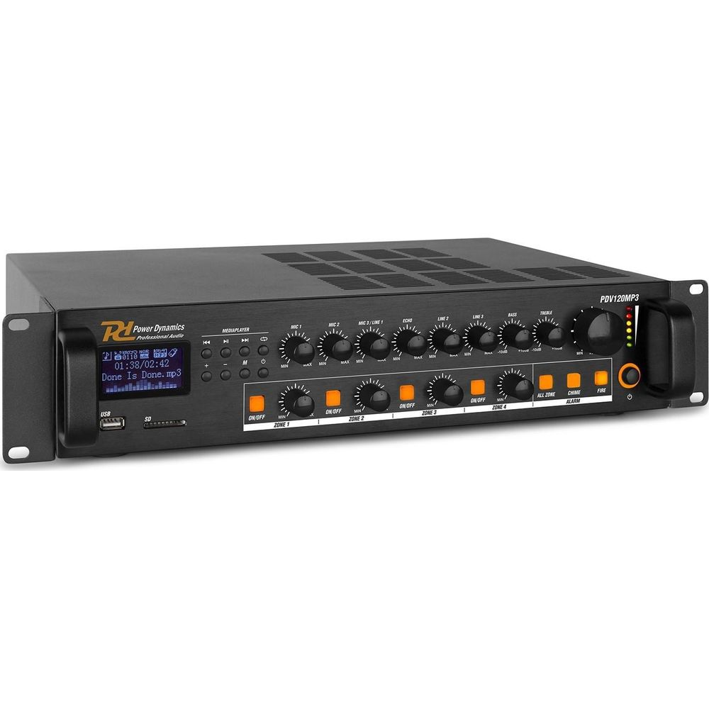 Schwarzer Rack-Verstärker mit Display, Knöpfen, Tasten und LED-Anzeigen.