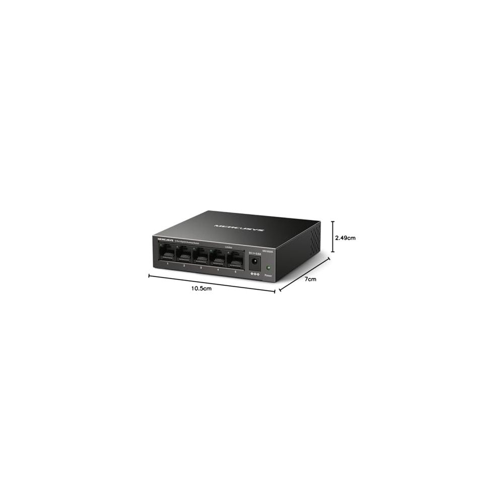 Schwarzer Netzwerk-Switch mit 5 Ports, 10,5x7x2,49cm.