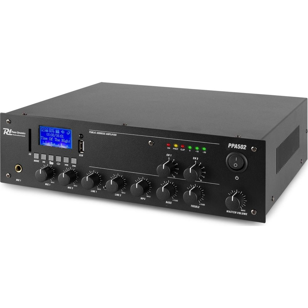 Schwarzer PA-Verstärker mit Knöpfen, Tasten und LCD-Bildschirm, der den Songtitel anzeigt.