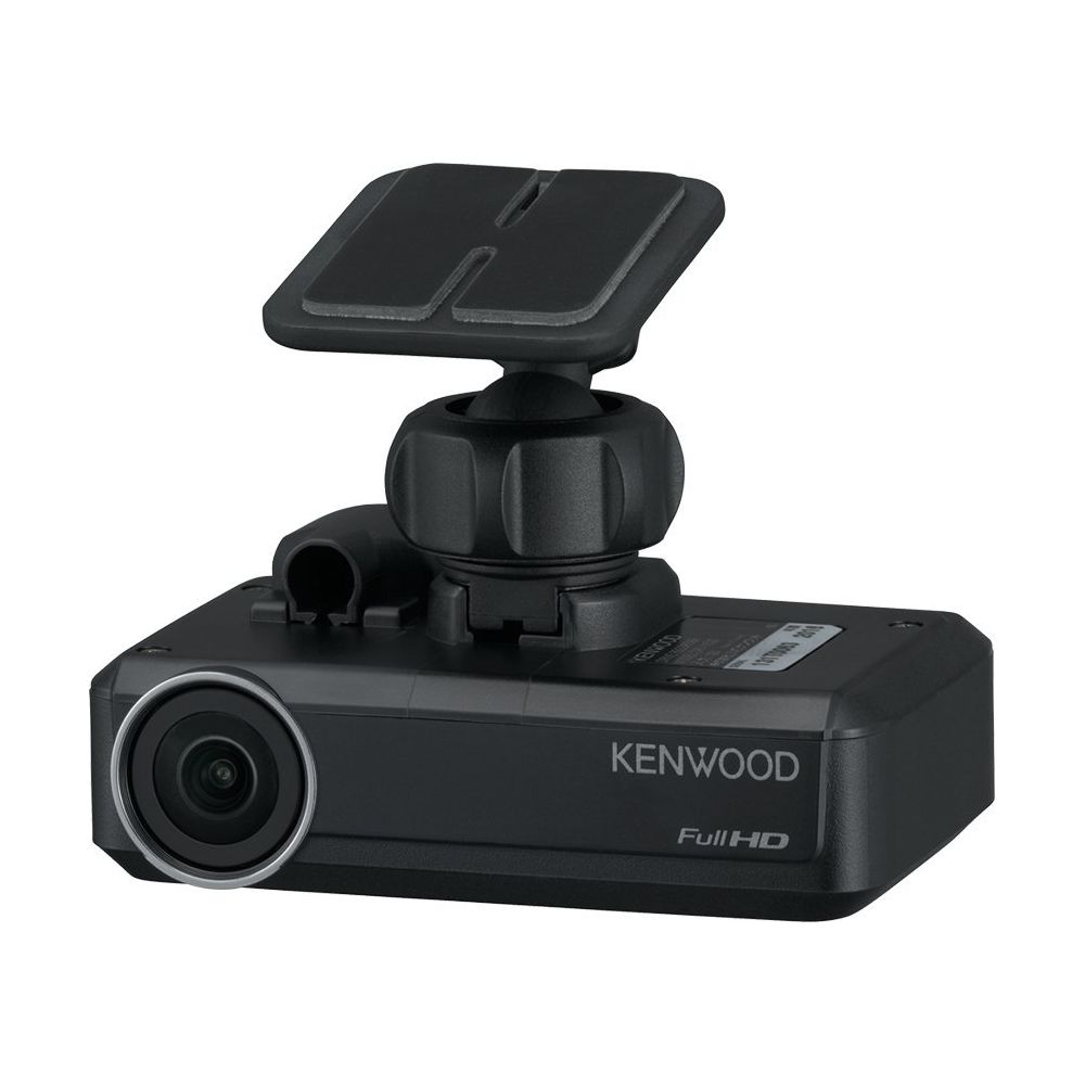 Una dashcam Kenwood nera con registrazione Full HD e supporto regolabile.