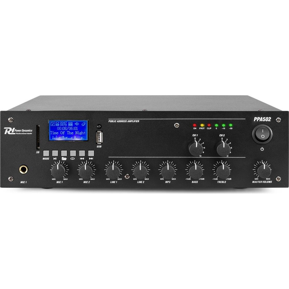 Ein schwarzer Power Dynamics PPA502 PA-Verstärker mit Knöpfen, Tasten und Display.
