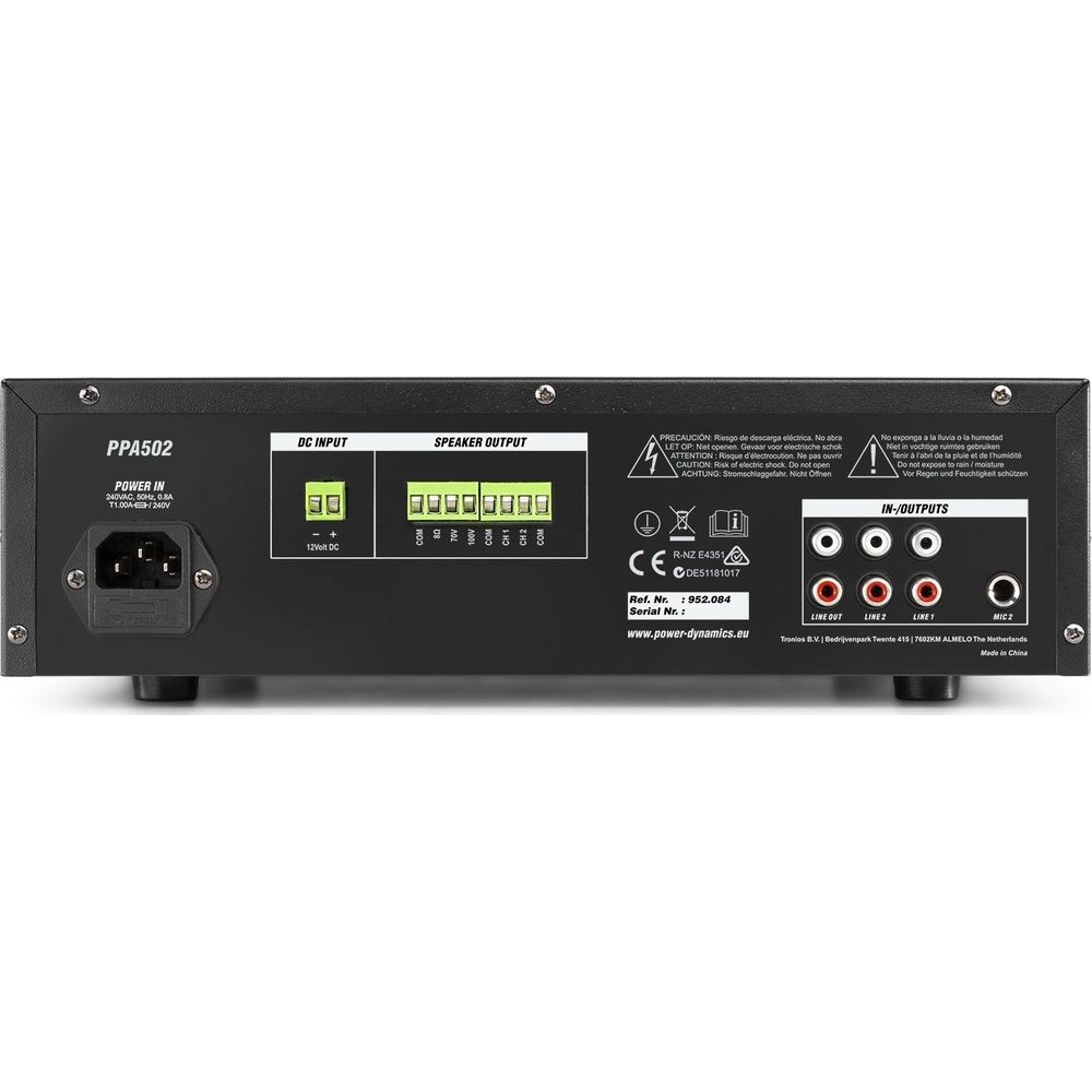 Rückseite eines PPA502 Verstärkers mit Anschlüssen.