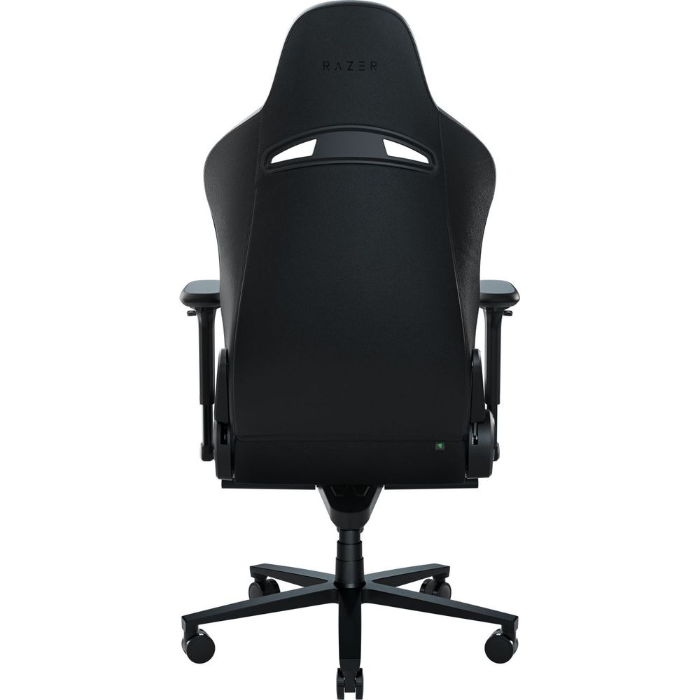 Czarny fotel gamingowy Razer widziany od tyłu, z regulowanymi podłokietnikami i podstawą gwieździstą.