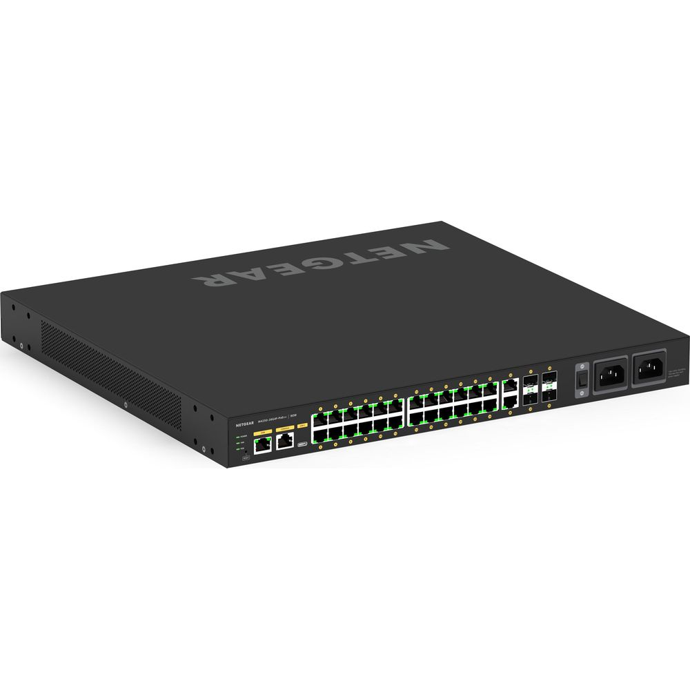 Czarny przełącznik sieciowy Netgear z licznymi portami i diodami LED.