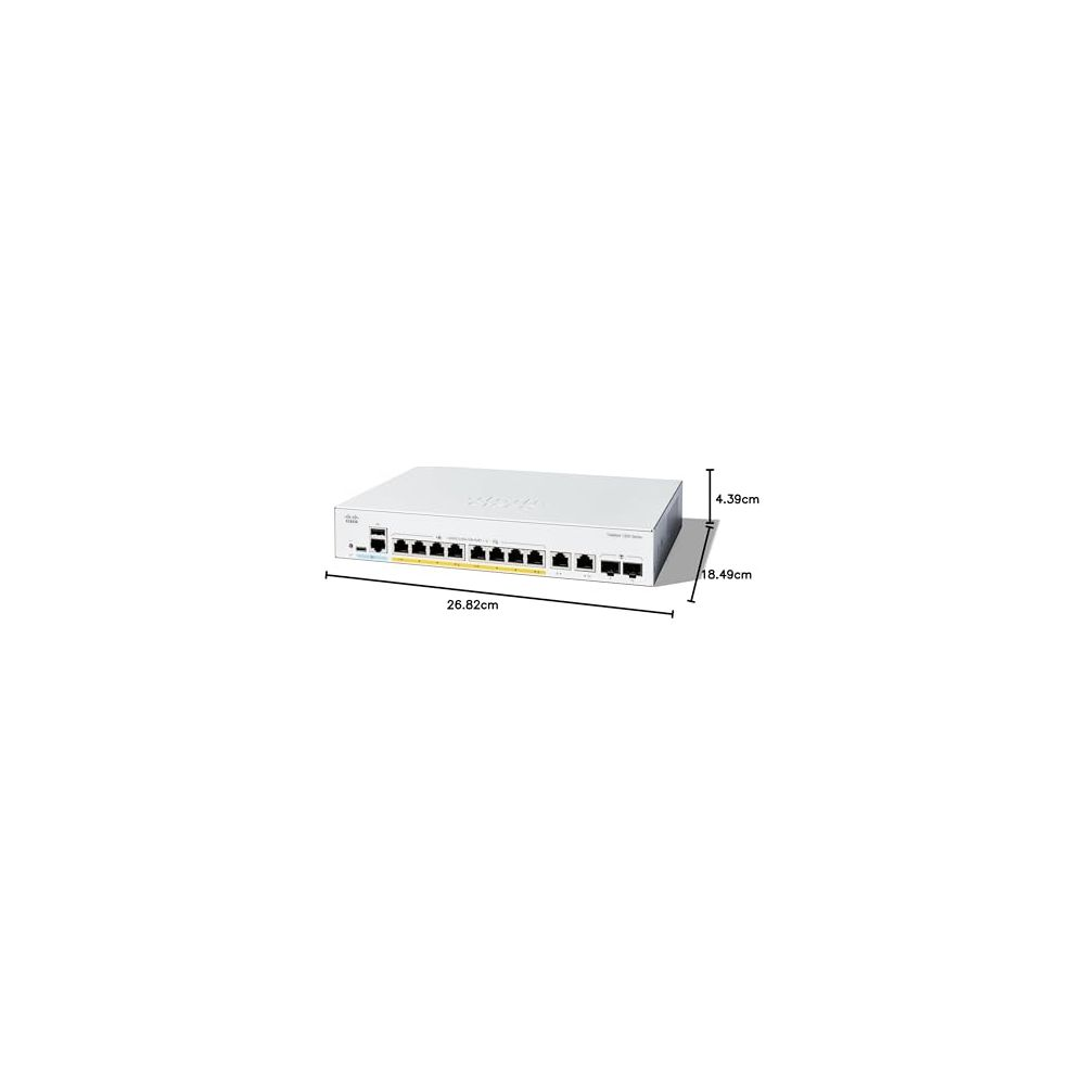 Uno switch di rete bianco con porte multiple e dimensioni.