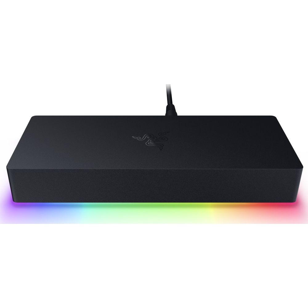 Schwarzes Razer-Gerät mit RGB-Beleuchtung an der Unterseite.