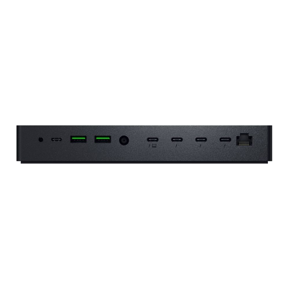 Schwarzer Dockingstation mit USB-C, USB-A, Audioanschluss und Ethernet.