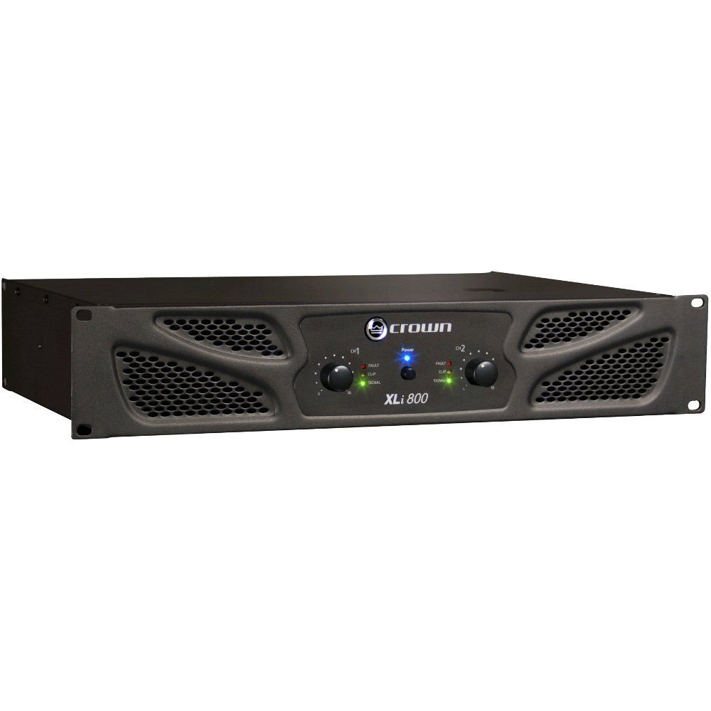 Un amplificatore Crown XLi 800 nero con manopole e spie frontali.