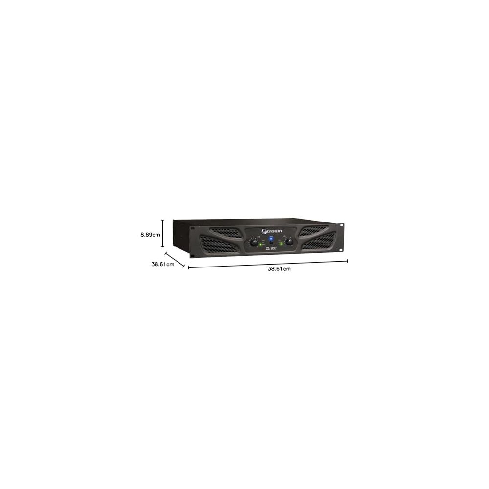 Un amplificatore di potenza Crown XL 800 nero con dimensioni 8,89 x 38,61 x 38,61 cm.