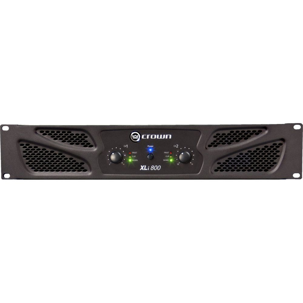 Amplificatore Crown XLi 800 nero con manopole e luci sul pannello frontale.