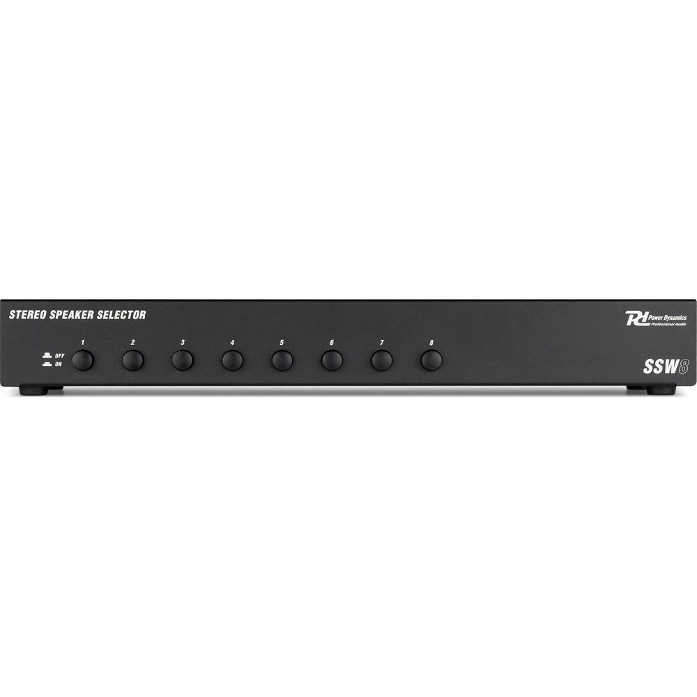 Selector de altavoces estéreo negro con 8 botones etiquetados 1-8 y 