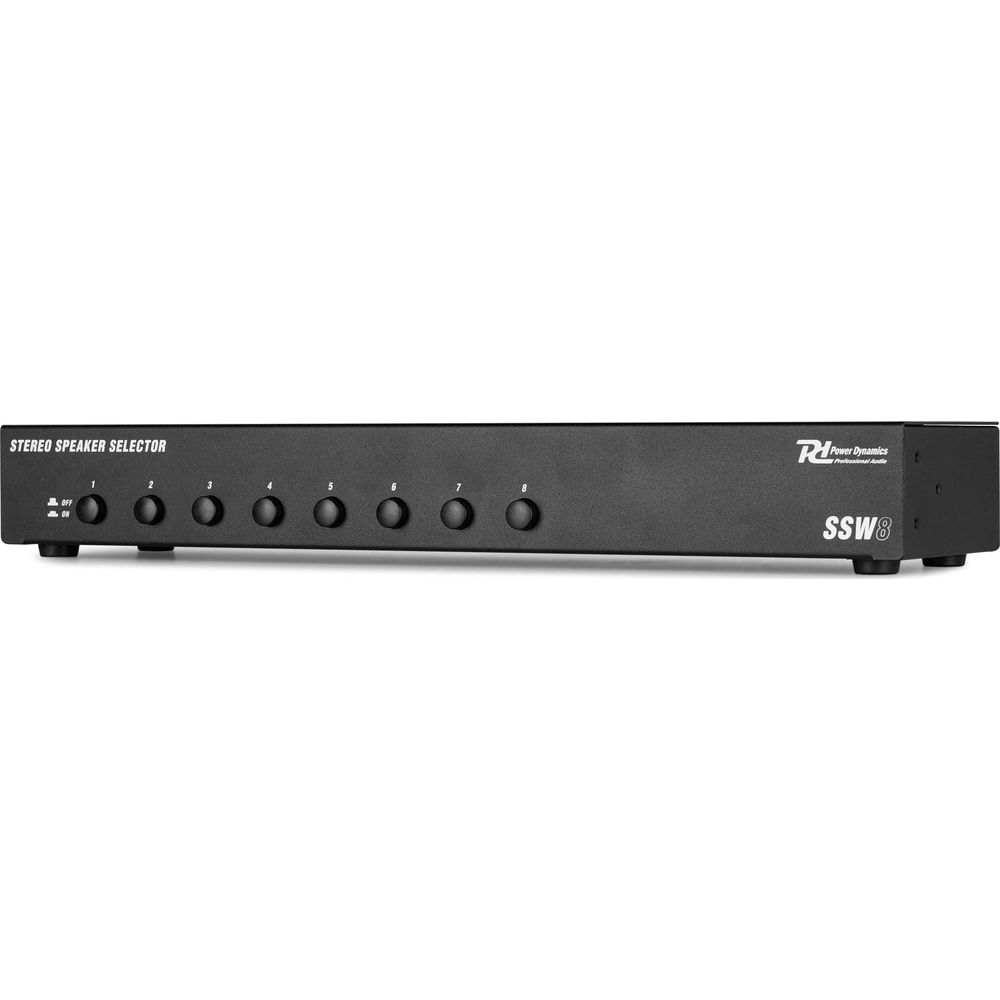 Selector de altavoces estéreo negro con ocho botones redondos y etiquetas.