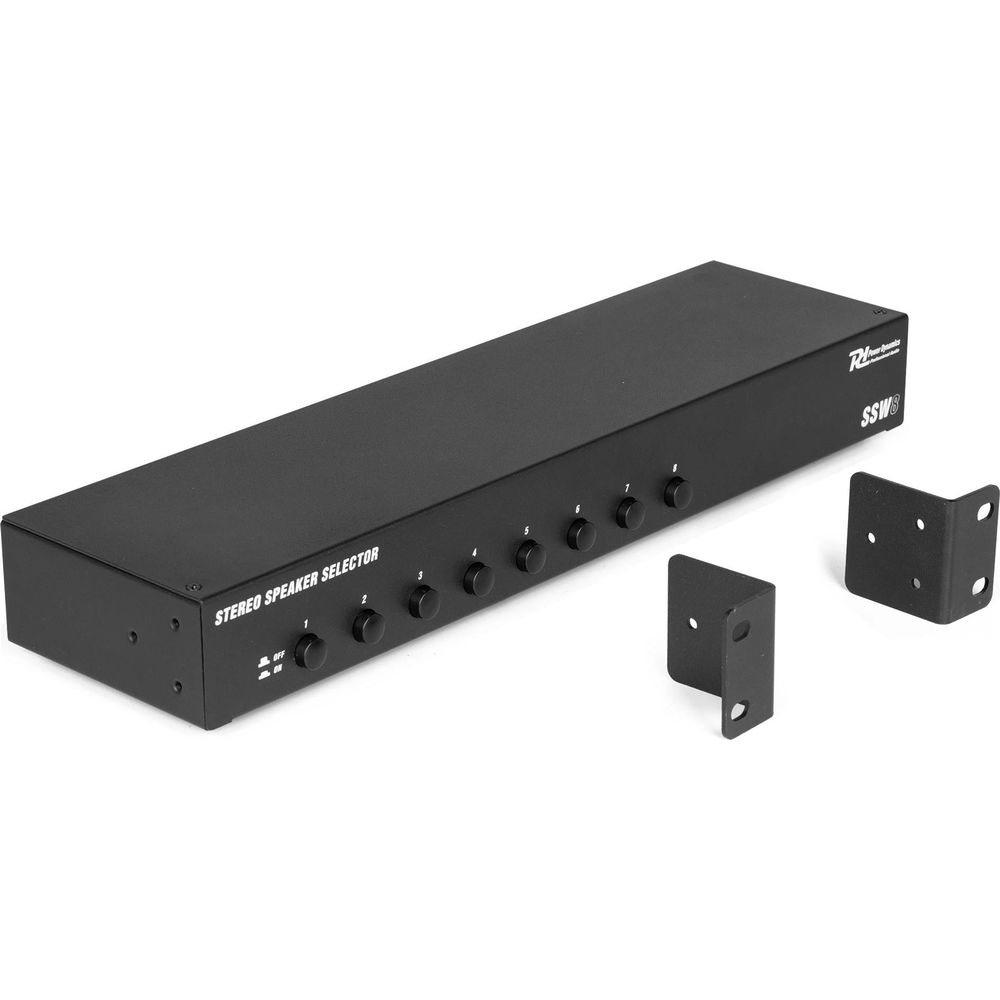 Selector de altavoces estéreo negro con 8 perillas y soportes de montaje.