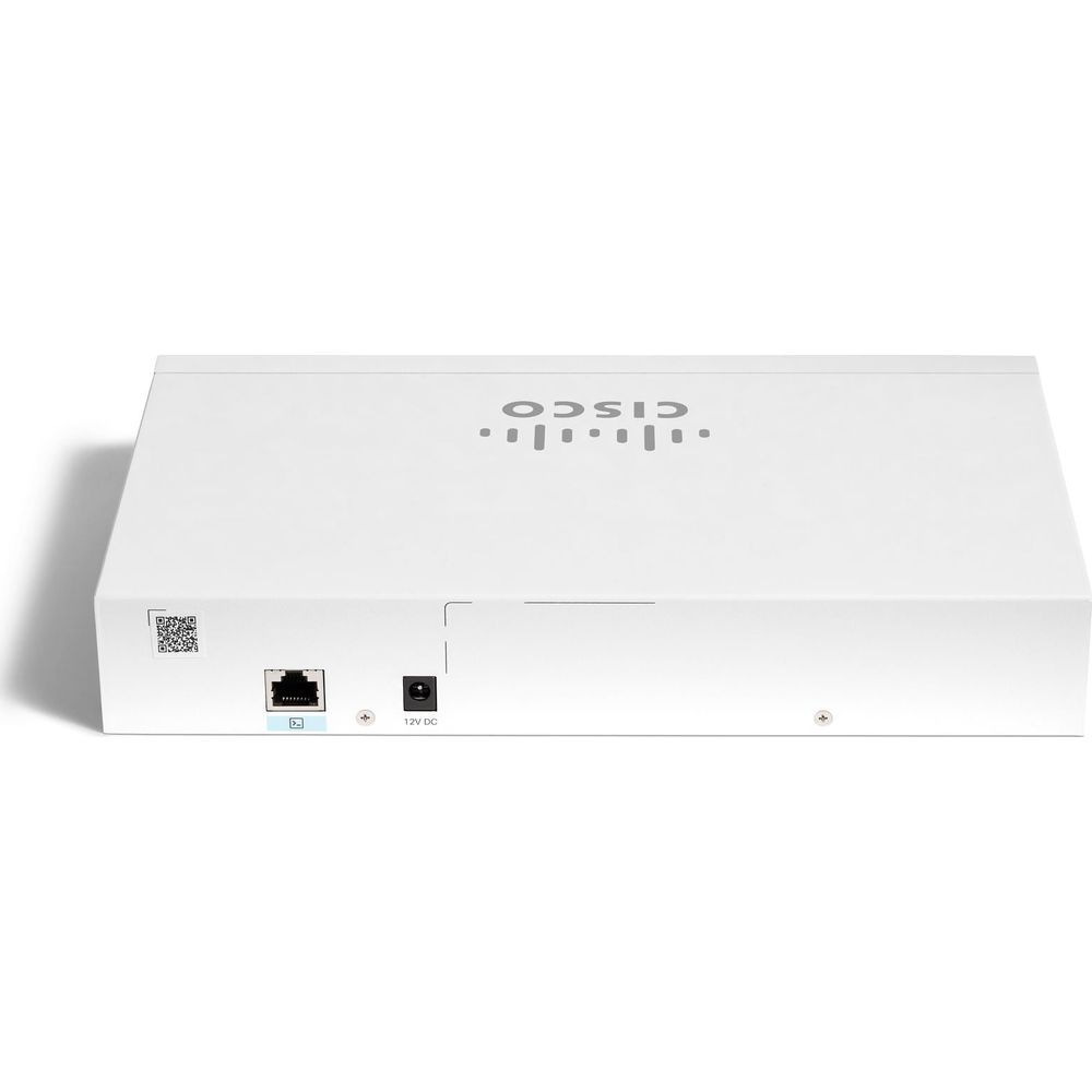 Białe urządzenie Cisco z portem Ethernet i wejściem 12V DC z tyłu.