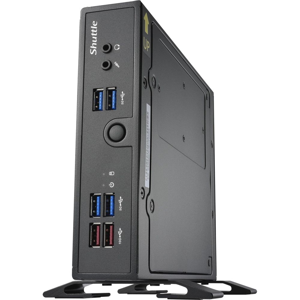 Mini PC Shuttle nero con porte USB e pulsante di accensione.