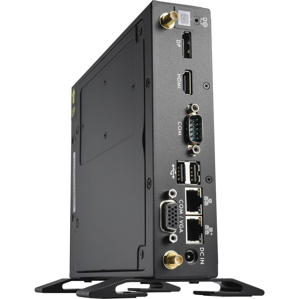 Unità computer nera con porte: DP, HDMI, COM, USB, Ethernet, VGA, DC-In.