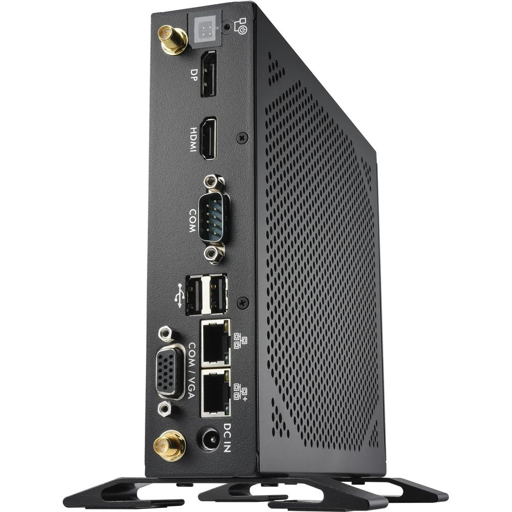 Mini PC nero con porte: DP, HDMI, COM, USB, COM/VGA, DC IN.