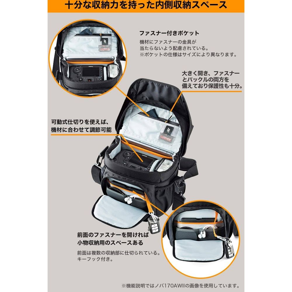 Black camera bag with open compartments showcasing camera gear inside.