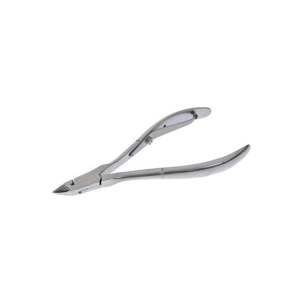 Een enkele metalen nagelrippertang met gebogen bladen en handgrepen.
