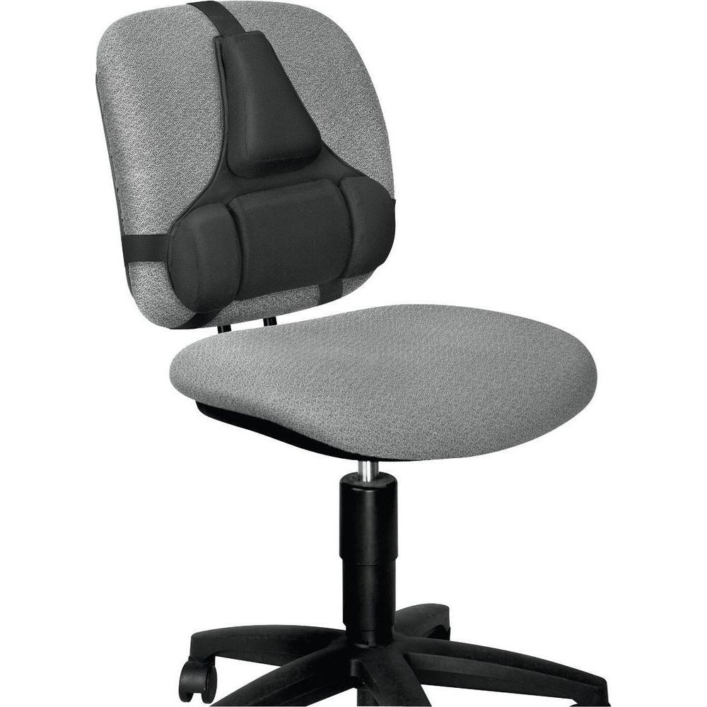 Szare krzesło biurowe z regulowanym czarnym podparciem lędźwi na oparciu.