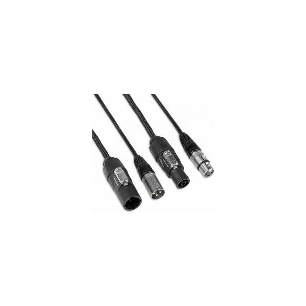 Cuatro cables negros con conectores XLR yacen uno al lado del otro.