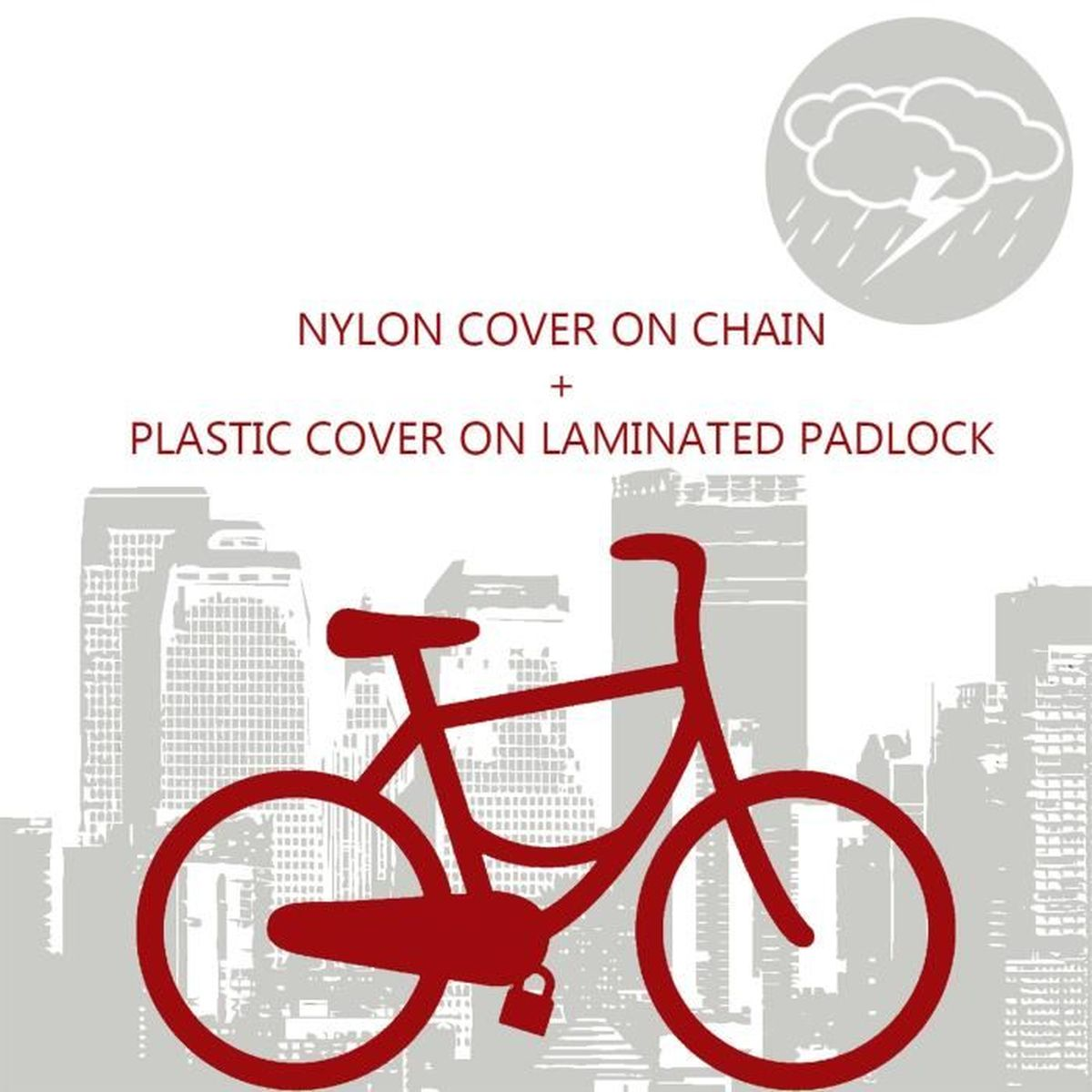 Bicicletta rossa con lucchetto davanti a skyline urbano. Simbolo nuvola pioggia.