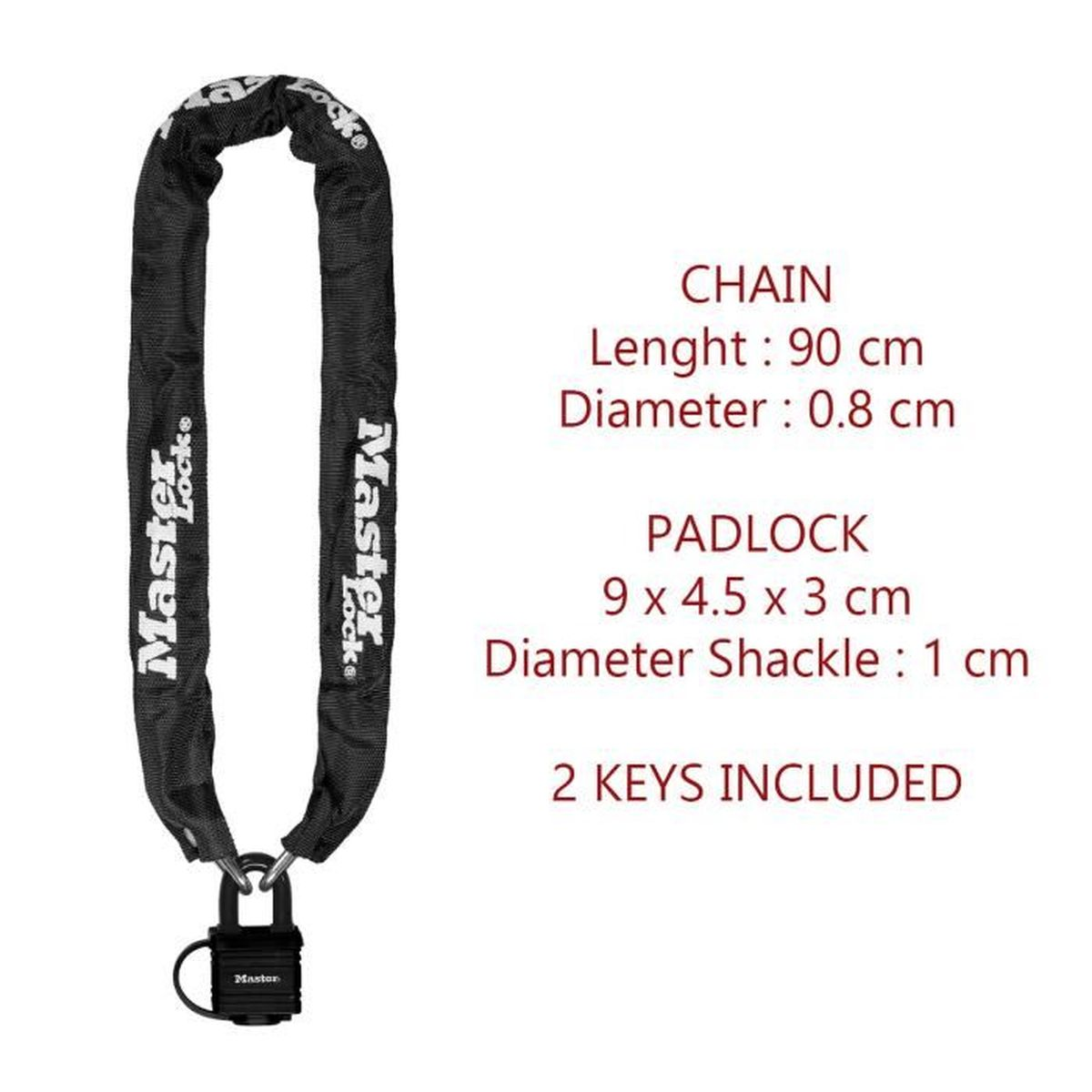 Catena Master Lock nera 90cm con lucchetto e 2 chiavi incluse.
