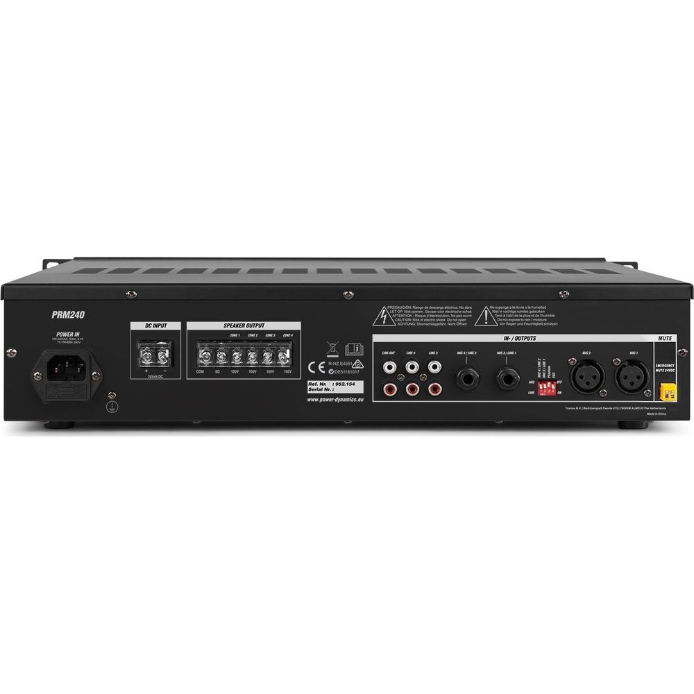 Rückseite eines PRM240 Verstärkers mit Anschlüssen: Strom, DC, Lautsprecher, Ein-/Ausgänge, Mute.